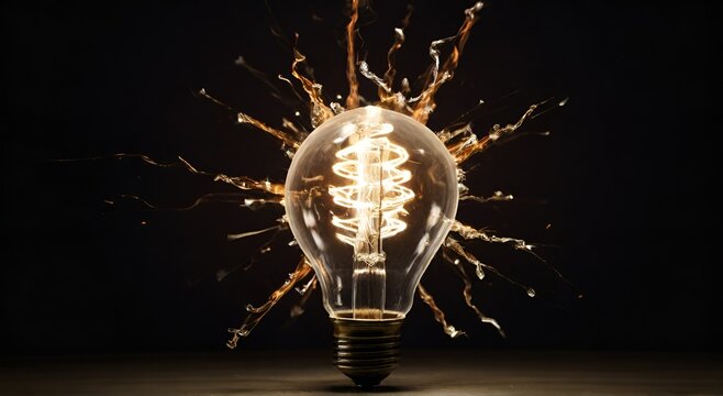 Incandescent light bulb, Tungsten light bulb lit on black background, Light bulb with light splashing out A On The Dark Black, AI generated