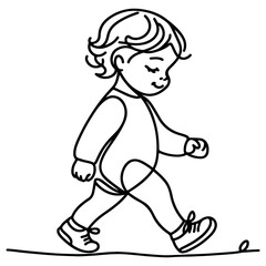 Continuous one black line art hand drawing child walking doodles outline cartoon characters set style coloring page vector illustration  on white background