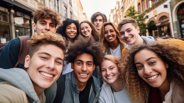 Smiling Multicultural Group of Friends Taking a Selfie, Symbolizing Race Equality