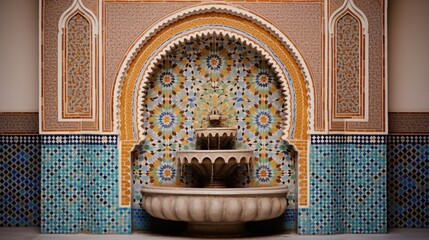 A Moroccan-inspired wall fountain adorned with intricate tilework and arches