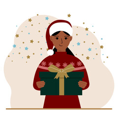 A woman with a New Year's gift. Concept of preparing for Christmas, new year, receiving a gift, christmas sale or secret santa claus.
