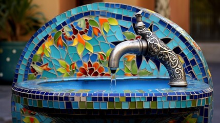 A mosaic-tiled drinking fountain with vibrant colors and an inviting water spout - Powered by Adobe