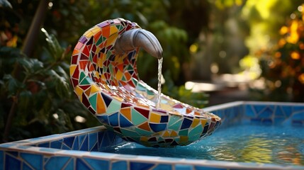 A mosaic-tiled drinking fountain with vibrant colors and an inviting water spout - obrazy, fototapety, plakaty