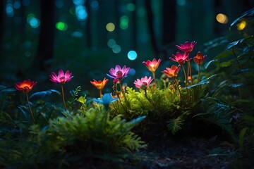 Fairytale forest with bright neon flowers, glowing in the dark woods. Close up.