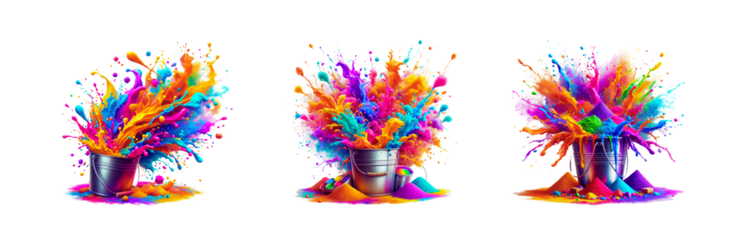 Set of Holi colorful splash with bucket full of colors, illustration, isolated over on transparent white background