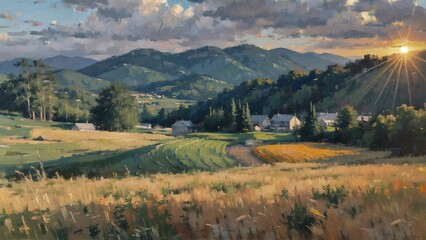 Obraz premium House in Field with Mountains