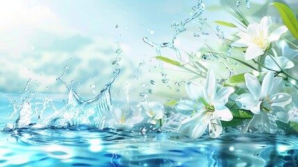 Naklejka na ściany i meble Beautiful spring detailed close up stream of fresh water with young green plants. Horizontal banner, springtime concept. Abstract outdoor wild nature background. AI generative image.
