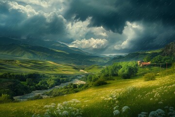 Green meadows in the mountains under a stormy sky with clouds. 