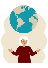 The woman spread his arms and the planet Earth is above his head. Earth day holiday concept, saving the planet, saving energy, global warming or climate change.