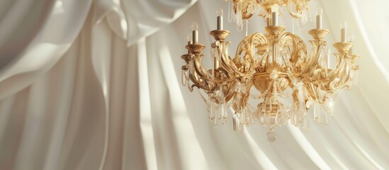Obraz na płótnie Canvas A luxurious gold chandelier hangs gracefully from a pristine white curtain, creating a striking contrast in colors and textures. The rich gold tones stand out against the clean white backdrop, exuding