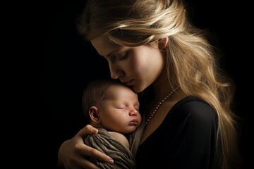 Adorable blonde mother lovingly embracing her precious newborn baby in a tender moment