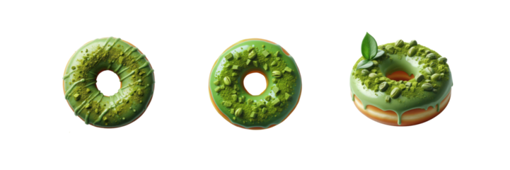 Set of green tea matcha donut, illustration, isolated over on transparent white background