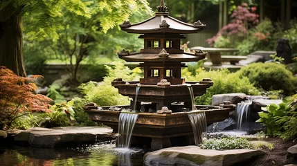 Rolgordijnen A pagoda-style fountain reminiscent of Asian architecture and design © Wajid