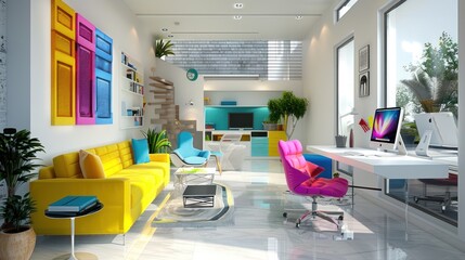A luxurious modern bright living room, yellow, blue, purple chairs with white walls and bright sunlight shining through the large windows.