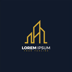 Letter A building, elegant gold building on dark navy background, can be used as a logo.