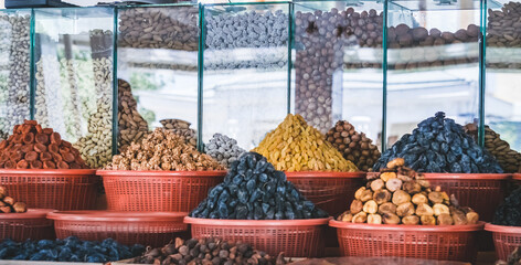 Dried fruits at Siab Bazaar in the ancient city of Samarkand in Uzbekistan, Siyob bozor