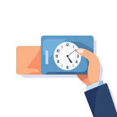 Hand putting card in time clock icon. Clipart image