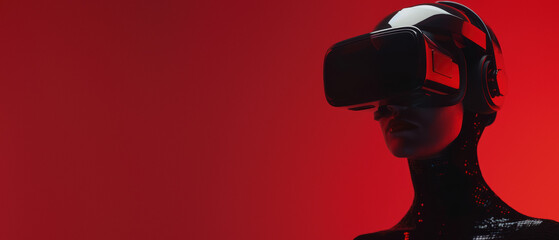 An abstract concept showing a female mannequin head adorned with a VR device, set against an intense red backdrop emphasizing the tech theme