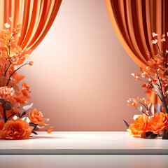 Naklejka na ściany i meble Blurred background. Abstract orange studio background for product presentation. Empty room with window shadows, flowers and leaves. 3d space with copy space. Winter concert