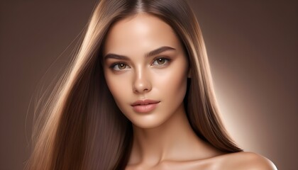 Fototapeta premium Brown-haired girl with long hair on a plain brown background. Beauty and health. Cosmetology