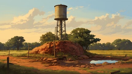 A peaceful depiction of a rural tube well harmonizing with the simplicity of the countryside - obrazy, fototapety, plakaty