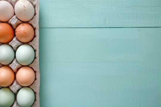 Pastel colored eggs in a tray on an empty blue wooden background with copy space