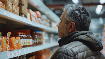 Fototapeta premium Pensive man grocery shopping, carefully selecting products in supermarket aisle.