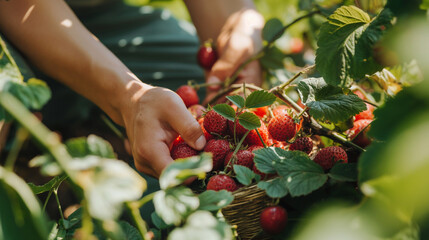 Hand Harvesting Strawberries A hand gently cradles ripe strawberries amidst green leaves in a...