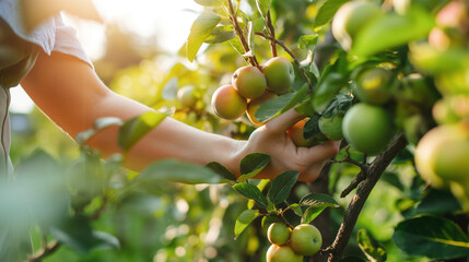 Handpicking Apples in Sunny Orchard, Close-up of hands carefully harvesting ripe apples