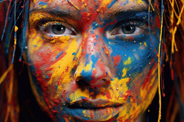Intense eyes peering through a vibrant splatter of primary colors, capturing a bold and artistic expression.