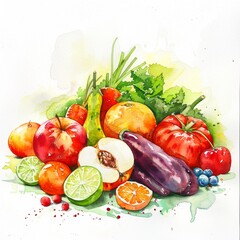 Watercolor painting of fruits and vegetables with a white background
