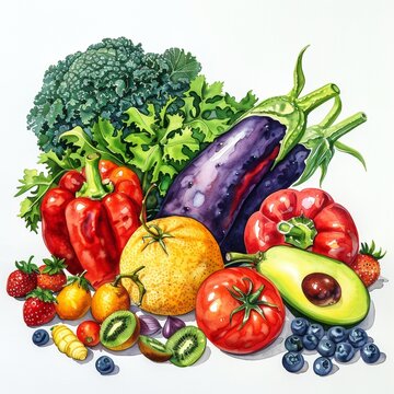 Watercolor painting of fruits and vegetables with a white background