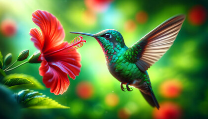 Obraz premium Close-up of a flying hummingbird hovering next to a bright red hibiscus flower. The background is a blur of green, depicting a lush garden