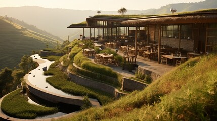 A picturesque hillside restaurant surrounded by terraced fields and farmhouses - obrazy, fototapety, plakaty