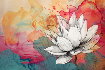 hand-drawn lotus flower on paper, colourful background