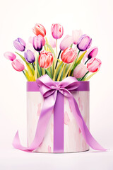 A vibrant bouquet of tulips in a gift box adorned with a ribbon. Perfect for Woman's Day, Mother’s Day, birthday card. Concept of spring, fresh blooms that symbolize renewal and beauty.