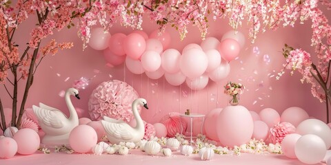 make a pastel pink cakesmash backdrop with pastel pink ballons arcade and flowers and swans