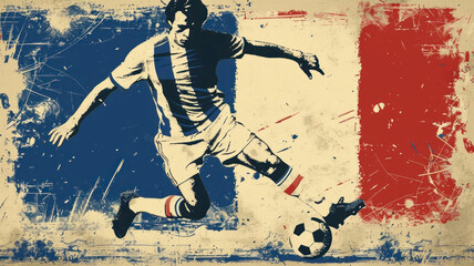 A French soccer player kicks the ball, French flag in the background, vintage look to print on t-shirts