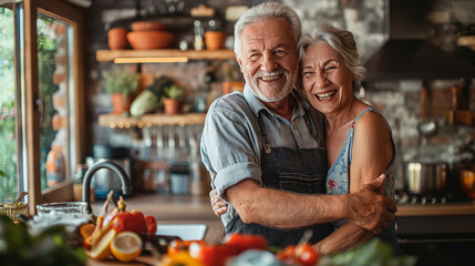 Beautiful senior couple is dancing and smiling while cooking together in kitchen. - Powered by Adobe