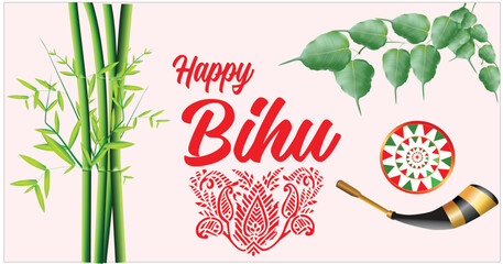 Vector illustration of Happy Rongali Bihu, Assamese New Year, Indian traditional festival, Harvest festival of Assam.	 - obrazy, fototapety, plakaty