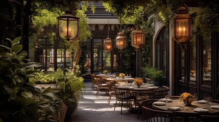 A refined restaurant with tables set in a garden courtyard surrounded by lush greenery