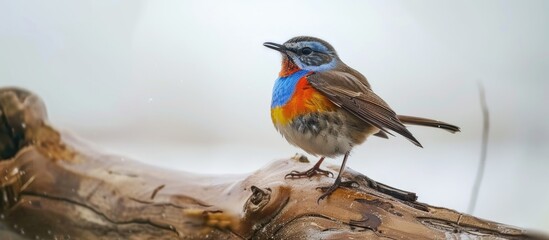 A small Bluethroat bird with colorful feathers is perched on top of a tree branch, displaying its wagging tail against the sky.