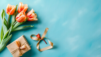 Tulips and a gift on a pastel blue background