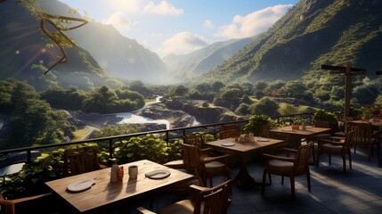 A restaurant terrace nestled in a mountainous region with a view of winding rivers
