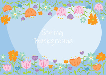 Fototapeta na wymiar spring beautiful blooming flowers on blue background,floral border,vector illustration background