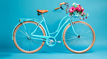 Turquoise city ladies bike with flowers, spring bicycle.