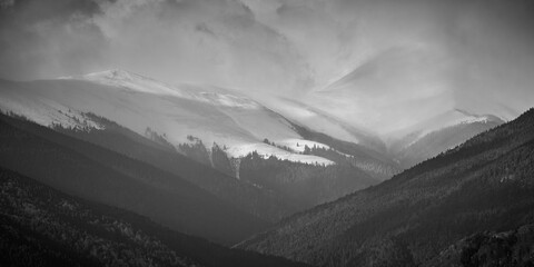 Winter panoramic black and white image over the Carpathians mountains