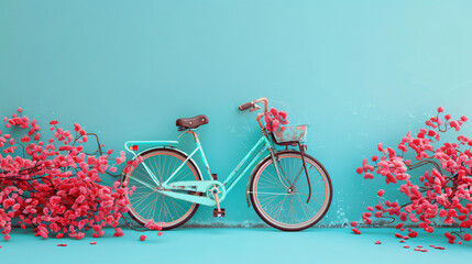 Turquoise city ladies bike with flowers, spring bicycle.