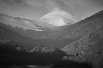 Winter panoramic black and white image over the Carpathians mountains