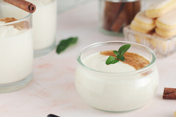Glasses with traditional Italian dessert Zabaione made of eggs, sugar and wine